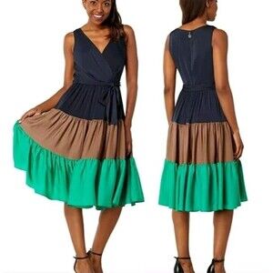 NWT Tommy Hilfiger Charmeuse Color-Block Dress Size 6 Navy Brown Green